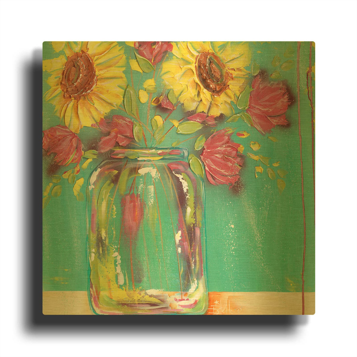 'Mason Jar Flowers' By Estelle Grengs Gold Metal Wall Art