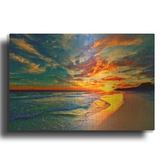 'Amazing Red Blue Sunset Beach' By Ezra Tanner Gold Metal Wall Art