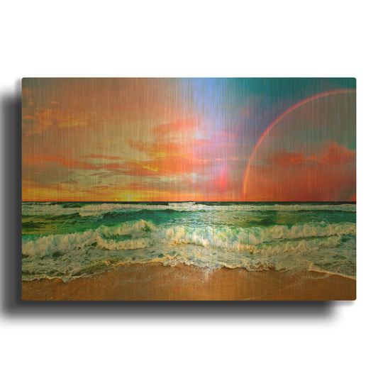 'Beach Rainbow Colorful Ocean Wave Sunset' By Ezra Tanner Gold Metal Wall Art