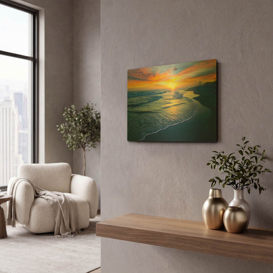 'Yellow Sun Sunset Red And Blue Seascape' By Ezra Tanner Gold Metal Wall Art