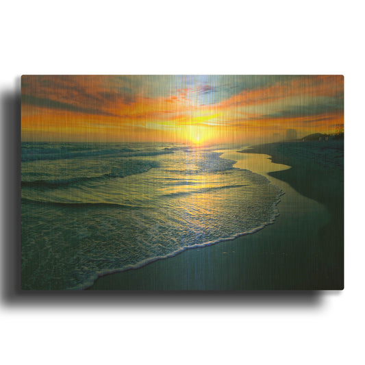 'Yellow Sun Sunset Red And Blue Seascape' By Ezra Tanner Gold Metal Wall Art