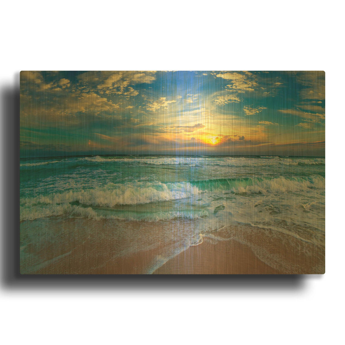 'Blue Beach Waves Sunset Tropical Seascape' By Ezra Tanner Gold Metal Wall Art