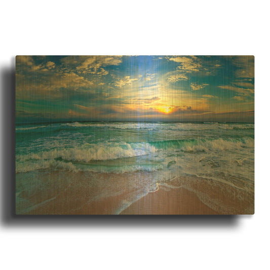 'Blue Beach Waves Sunset Tropical Seascape' By Ezra Tanner Gold Metal Wall Art