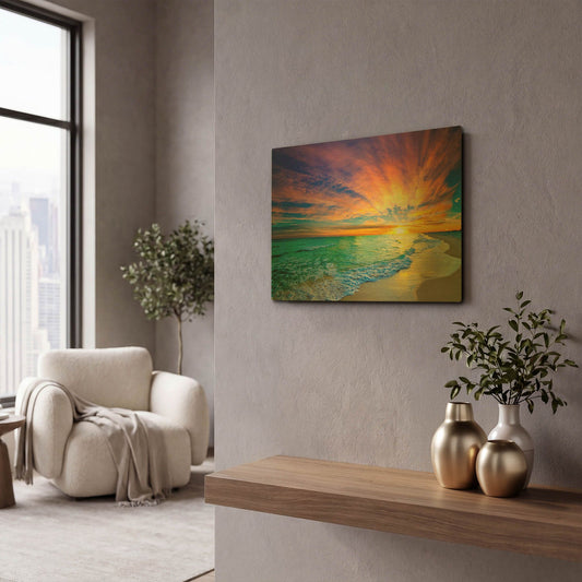 'Colorful Ocean Sunset Orange And Red Beach Sunset' By Ezra Tanner Gold Metal Wall Art