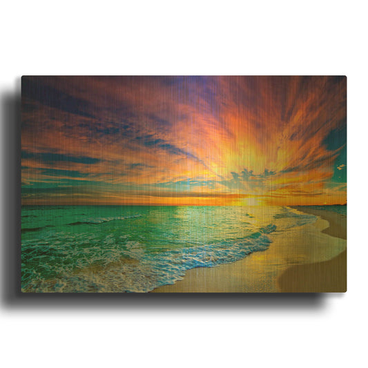 'Colorful Ocean Sunset Orange And Red Beach Sunset' By Ezra Tanner Gold Metal Wall Art
