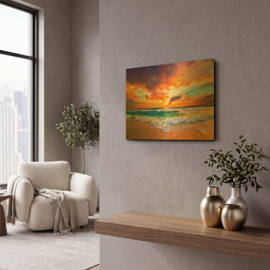 'Red Orange Purple Beautiful Beach Sunset' By Ezra Tanner Gold Metal Wall Art