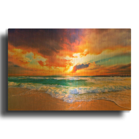 'Red Orange Purple Beautiful Beach Sunset' By Ezra Tanner Gold Metal Wall Art