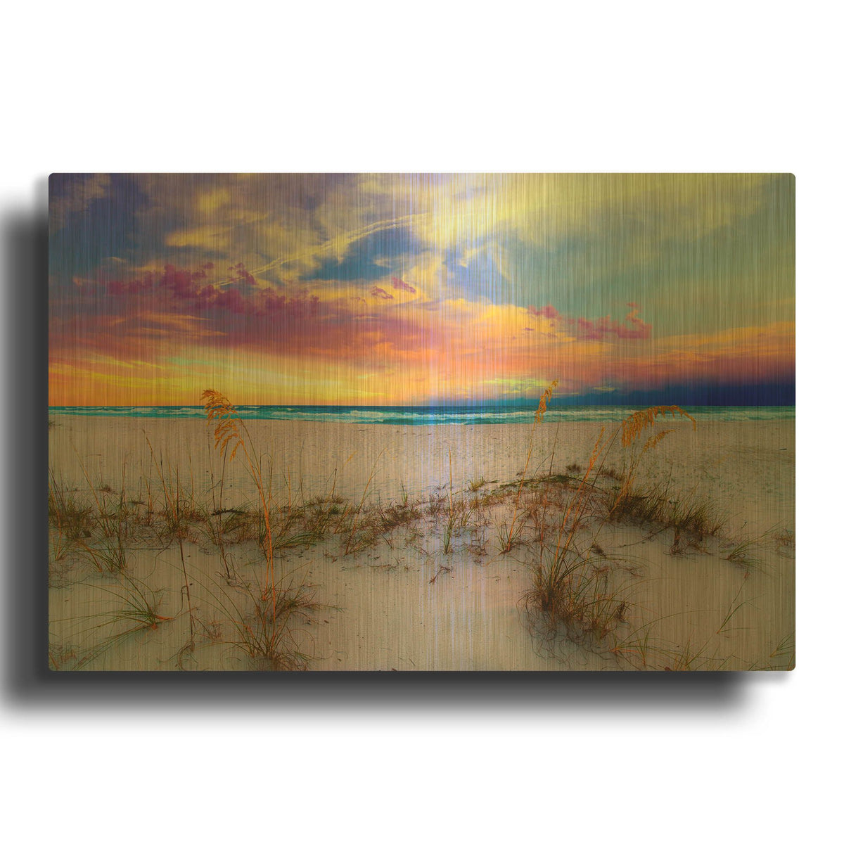 'Purple Pink And Blue Sunrise Over Beach Sea Oats' By Ezra Tanner Gold Metal Wall Art