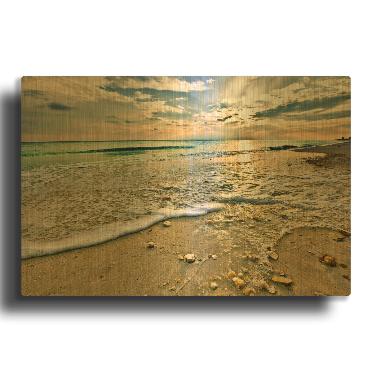 'Emerald Green Wave and Beach Shells under Sunset' By Ezra Tanner Gold Metal Wall Art
