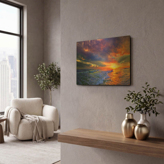 'Romantic Pink Purple Cloud Sunset Beach' By Ezra Tanner Gold Metal Wall Art