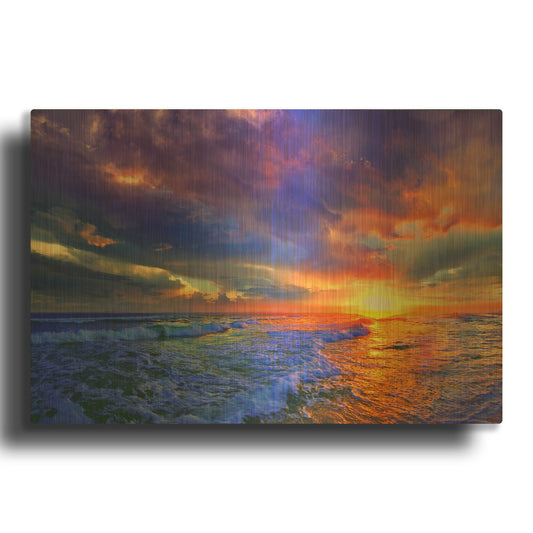 'Romantic Pink Purple Cloud Sunset Beach' By Ezra Tanner Gold Metal Wall Art