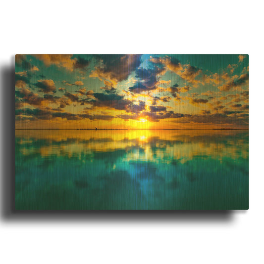 'Sunset Lake Reflection Blue Yellow Skyscape' By Ezra Tanner Gold Metal Wall Art