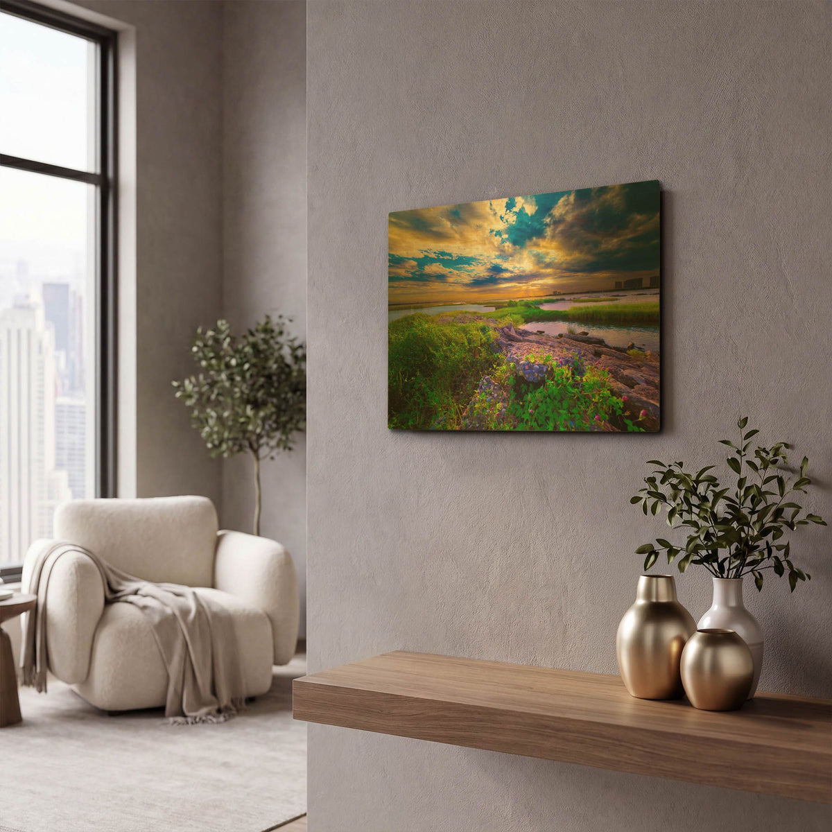 'Morning Glory Wildflowers And Purple Cloud Sunrise' By Ezra Tanner Gold Metal Wall Art