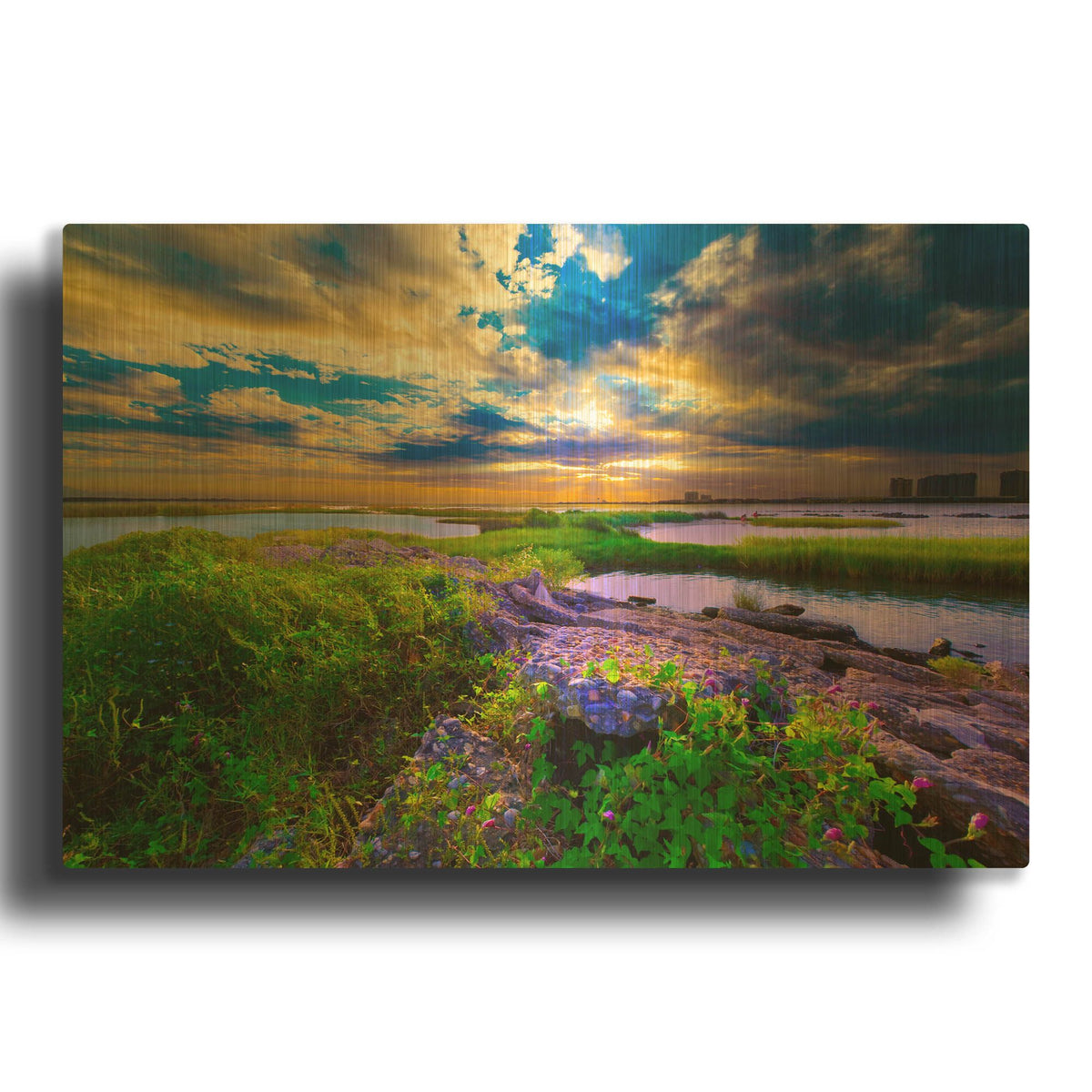 'Morning Glory Wildflowers And Purple Cloud Sunrise' By Ezra Tanner Gold Metal Wall Art