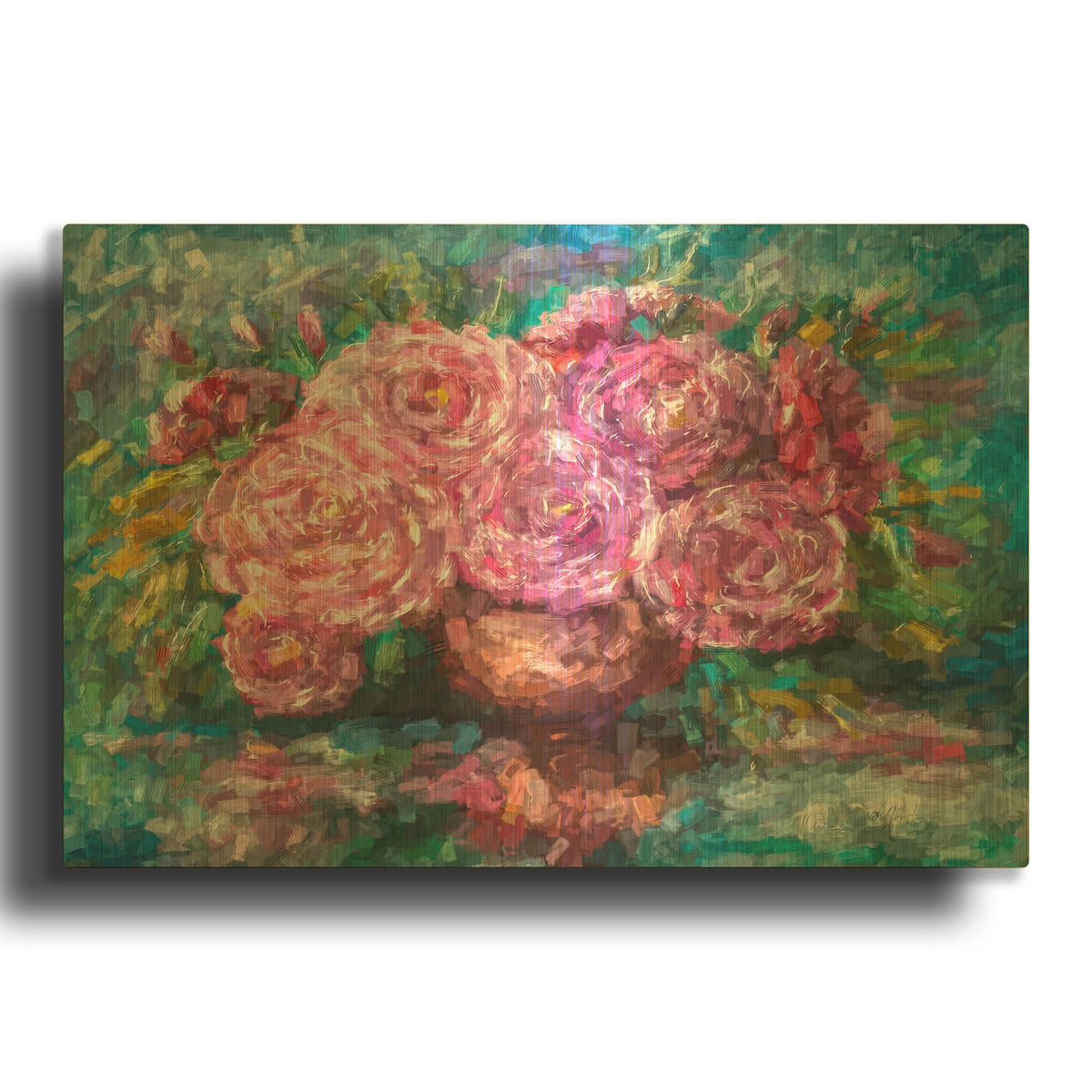 'Pink Roses, Just for You' By Lena Owens Gold Metal Wall Art