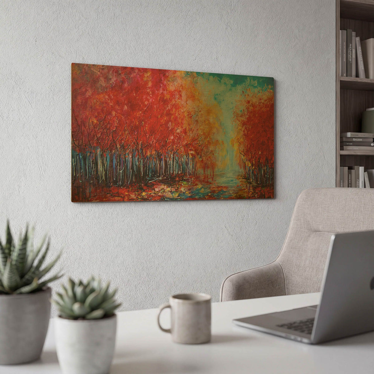'Red Fall Forest on a Rainy Day' By Lena Owens Gold Metal Wall Art