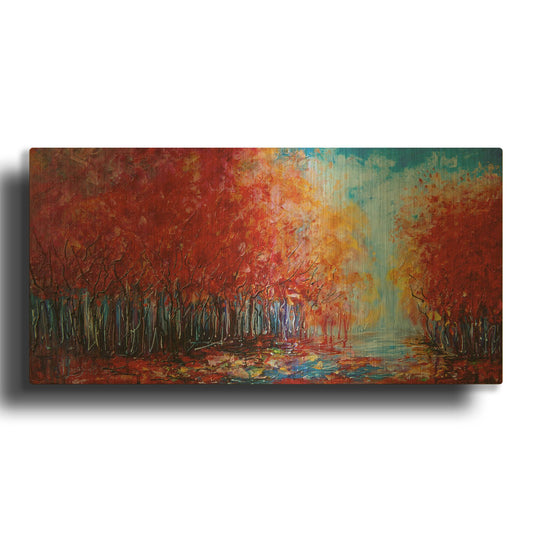 'Red Fall Forest on a Rainy Day' By Lena Owens Gold Metal Wall Art