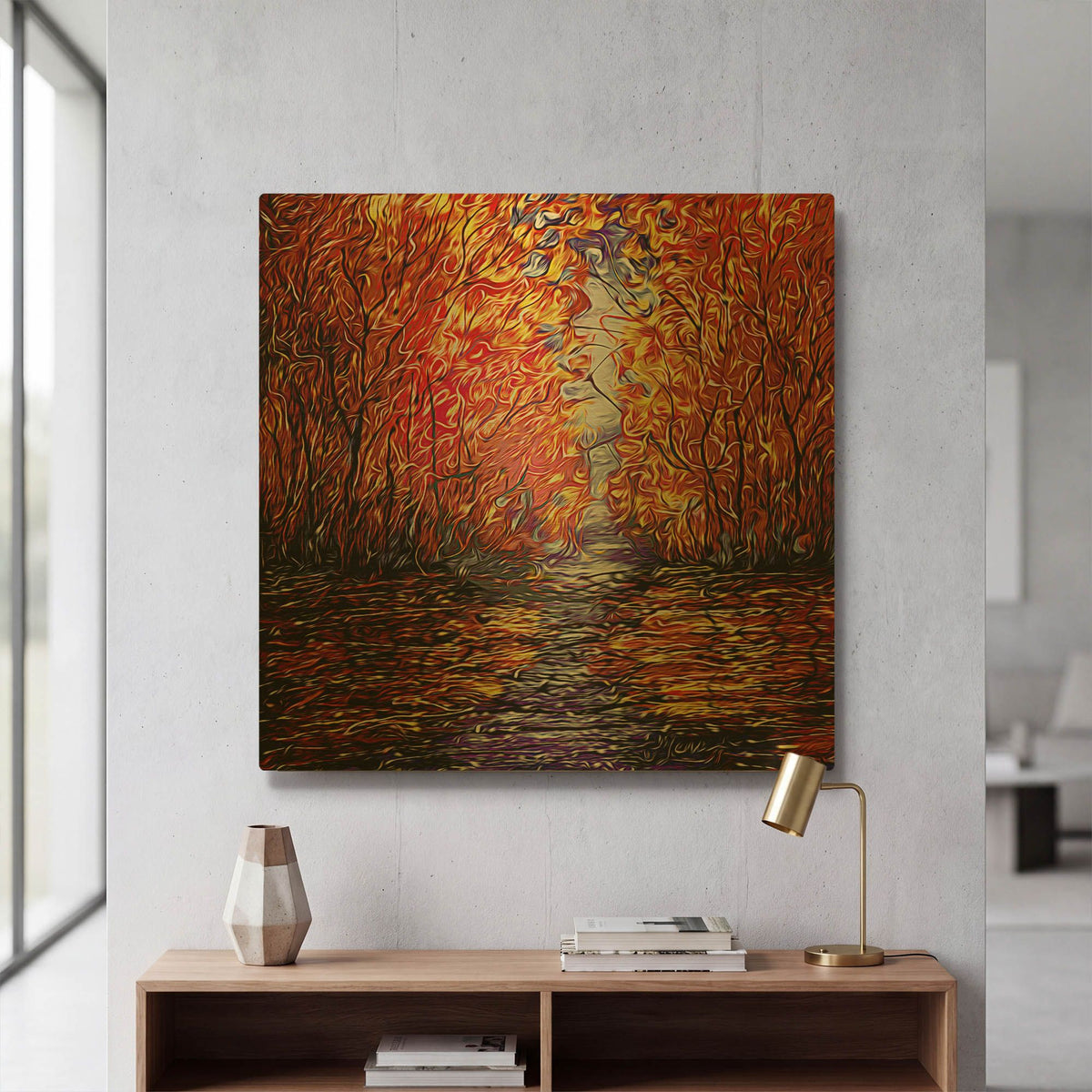'Red Trees Reflection Abstract' By Lena Owens Gold Metal Wall Art