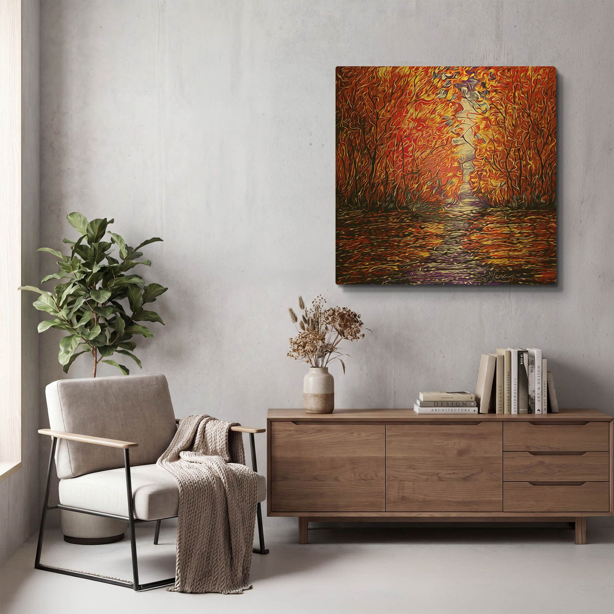 'Red Trees Reflection Abstract' By Lena Owens Gold Metal Wall Art