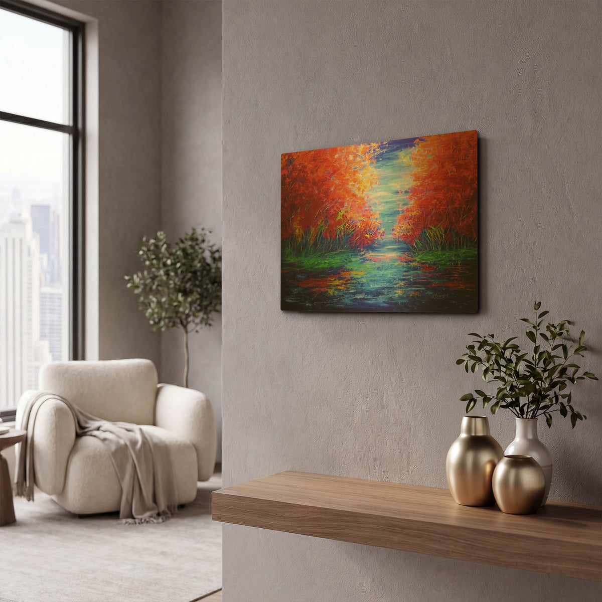 'Reflection Of Red Trees' By Lena Owens Gold Metal Wall Art