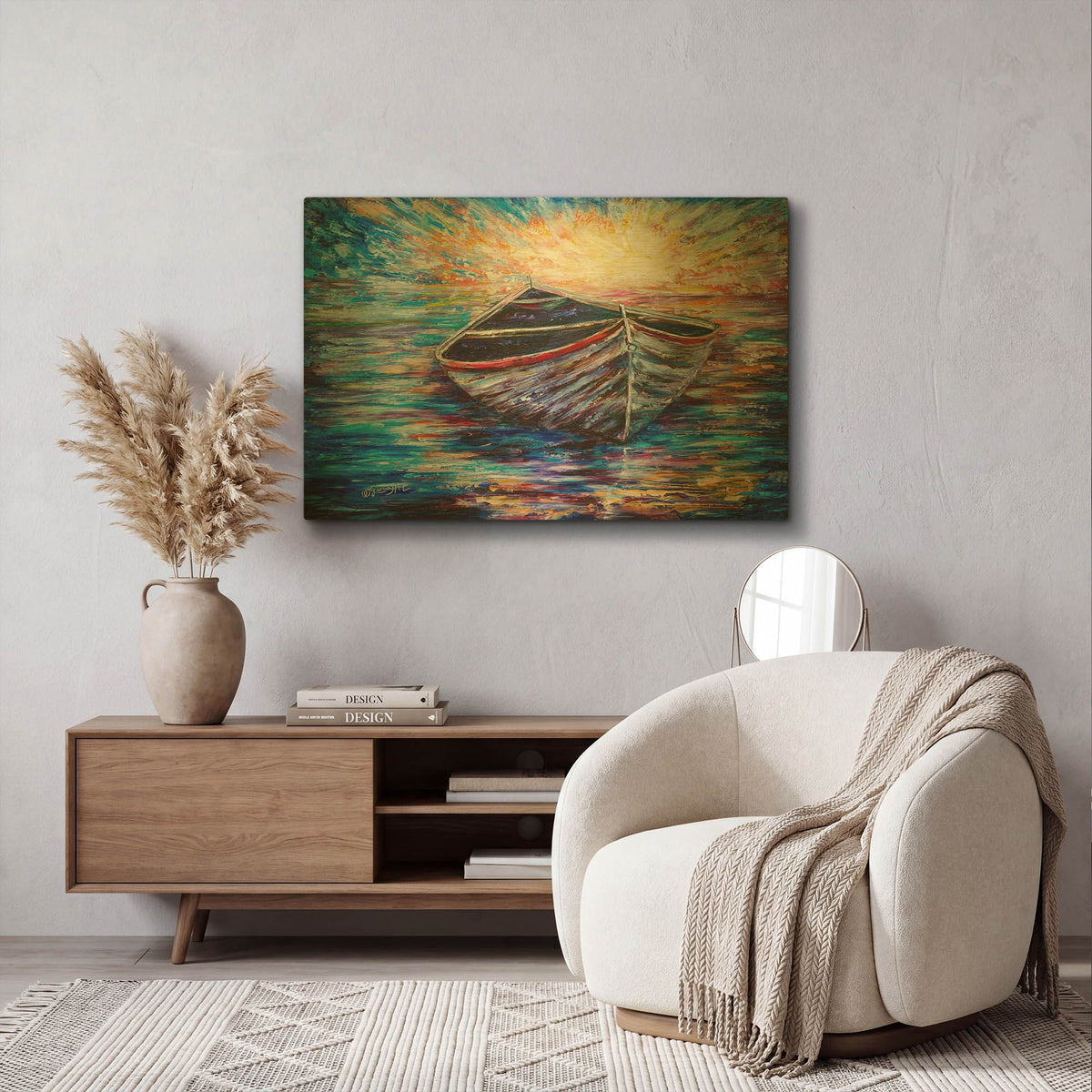 'Wooden Boat At Sunrise' By Lena Owens Gold Metal Wall Art