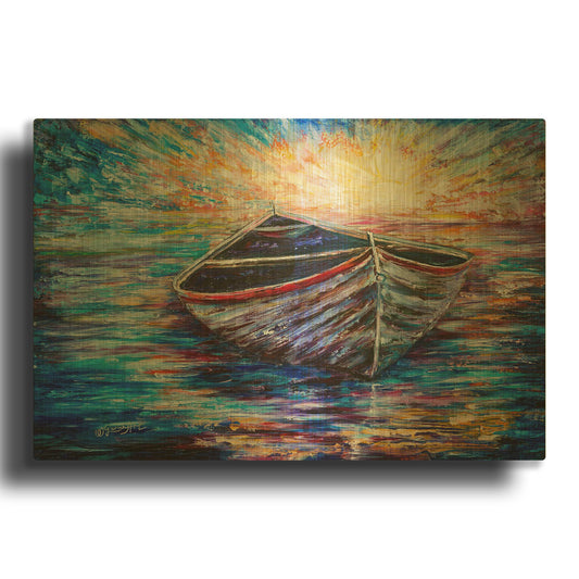 'Wooden Boat At Sunrise' By Lena Owens Gold Metal Wall Art