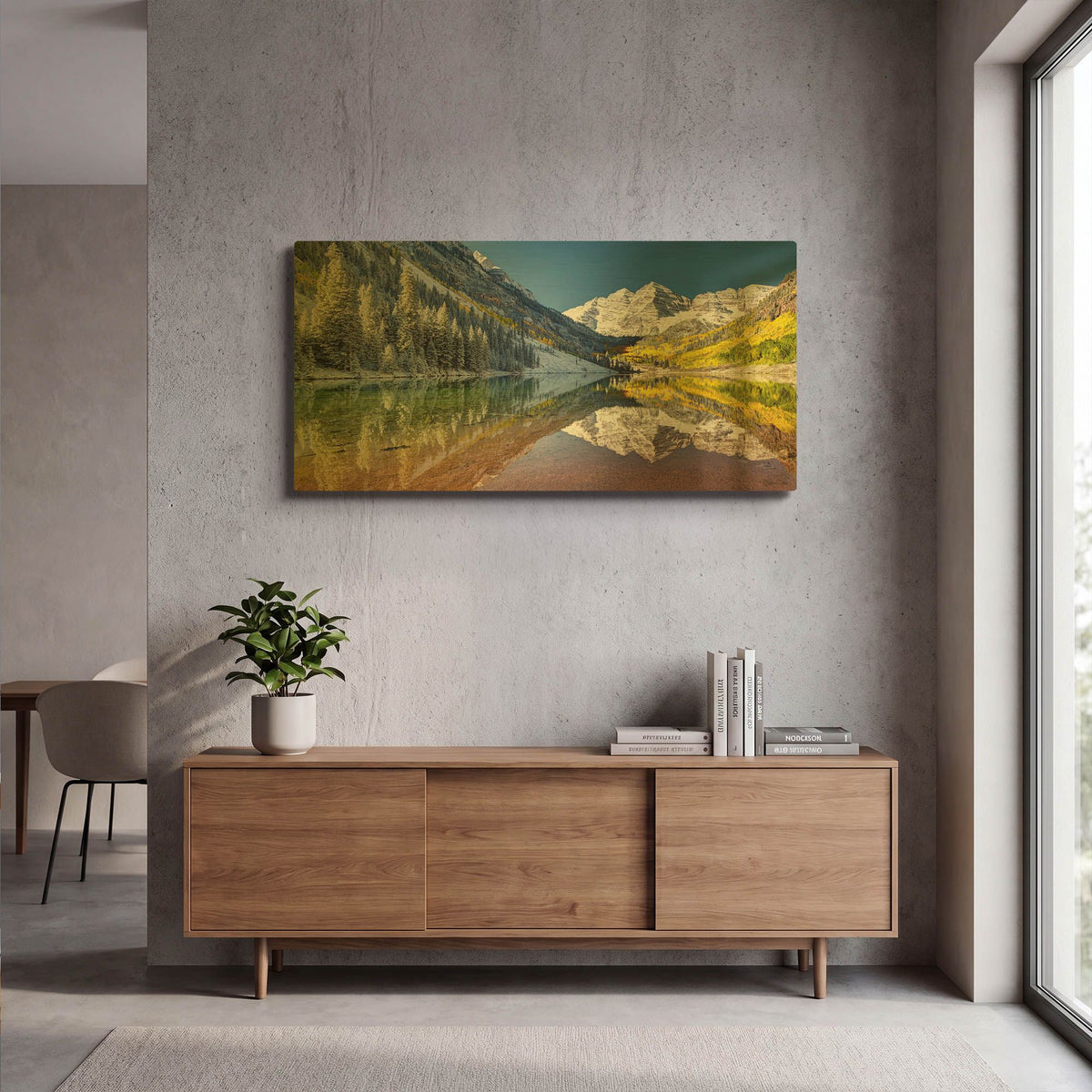 'Fall Season At Maroon Bells Panoramic' By Lena Owens Gold Metal Wall Art