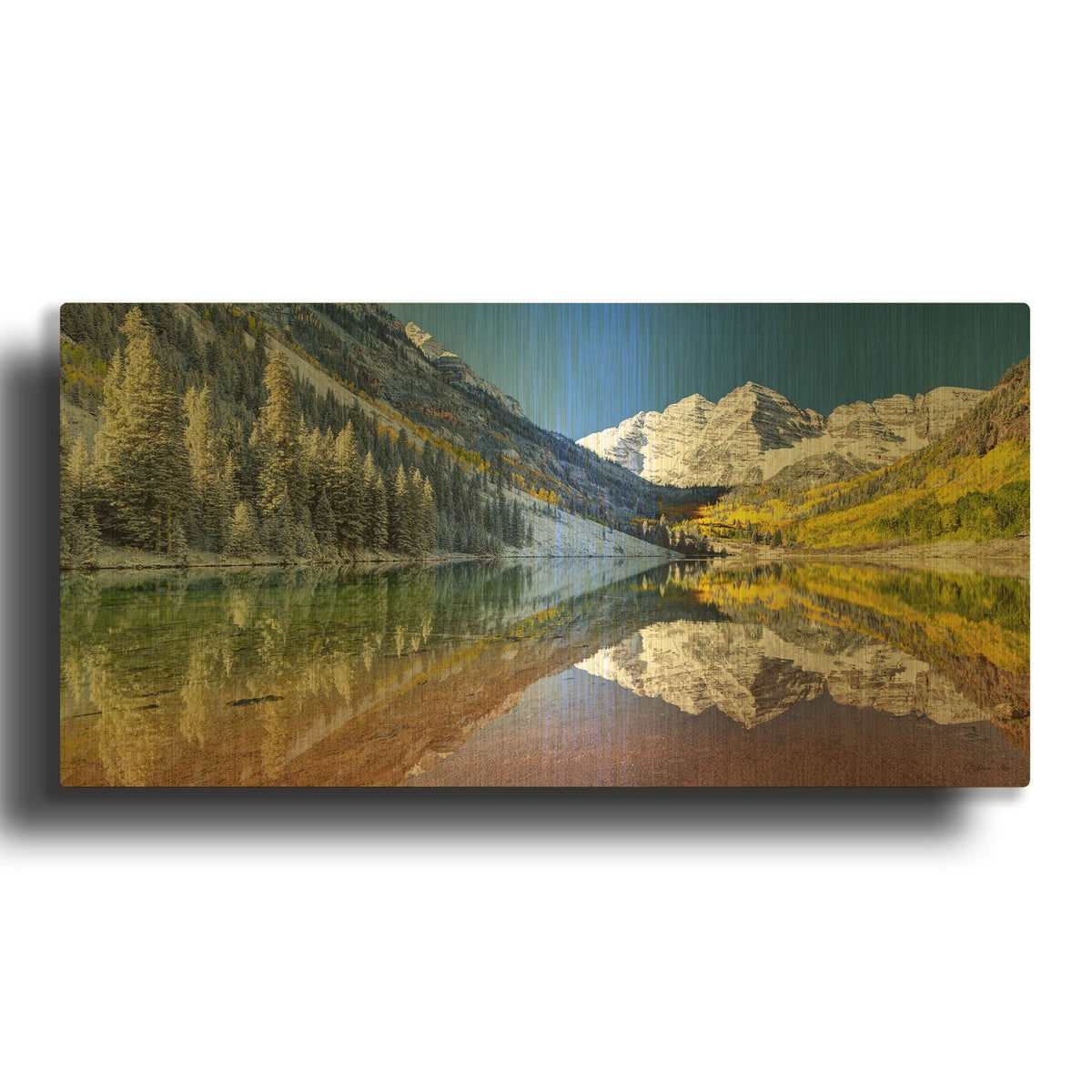 'Fall Season At Maroon Bells Panoramic' By Lena Owens Gold Metal Wall Art
