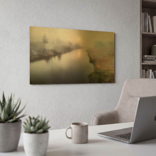 'Panoramic View of a Foggy River at Dawn' By Lena Owens Gold Metal Wall Art