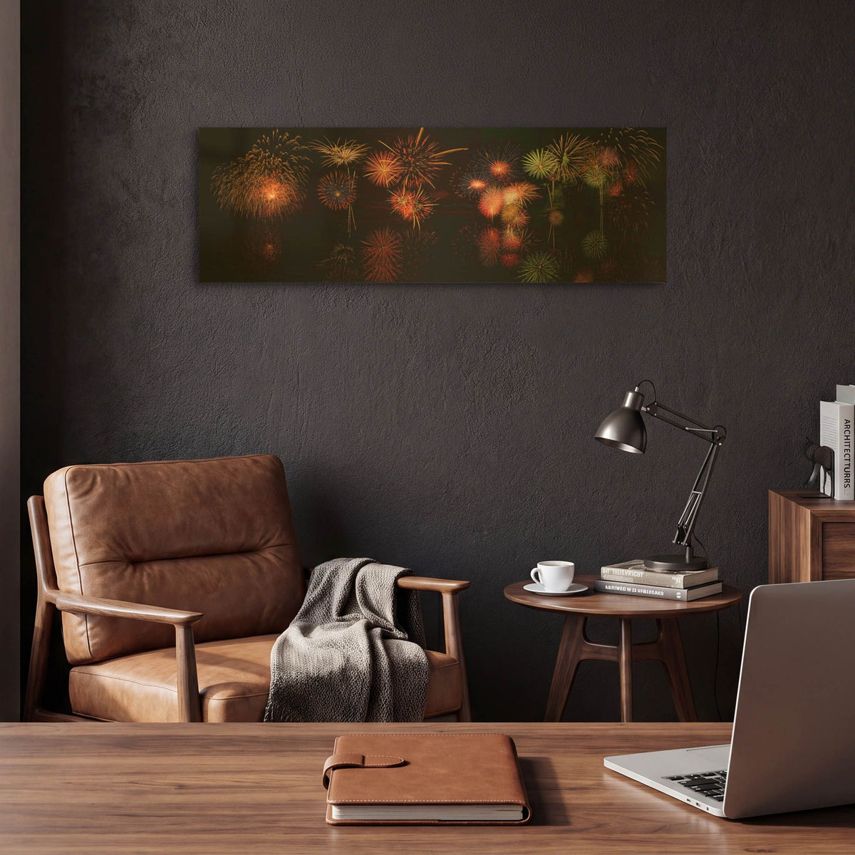 'Fireworks Reflection In Water Panorama' By Lena Owens Gold Metal Wall Art