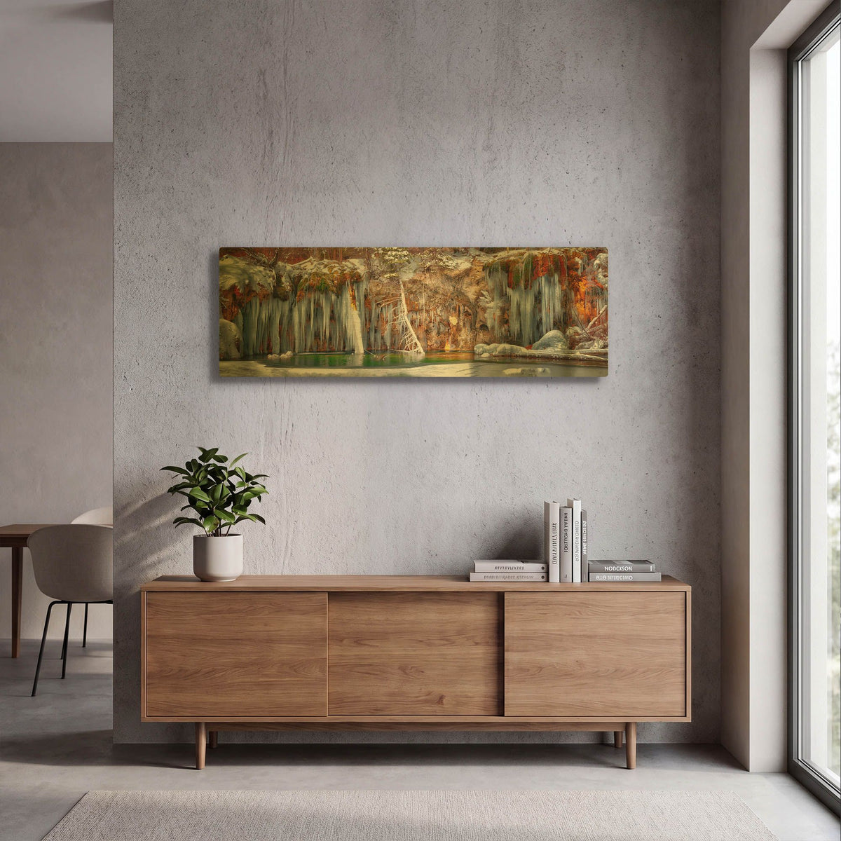 'Hanging Lake Colorado Winter Panorama' By Lena Owens Gold Metal Wall Art