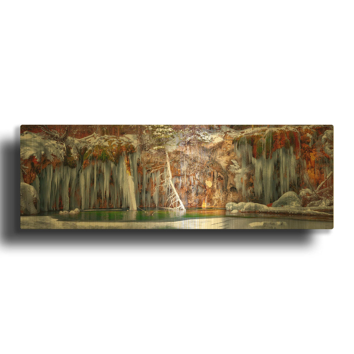 'Hanging Lake Colorado Winter Panorama' By Lena Owens Gold Metal Wall Art