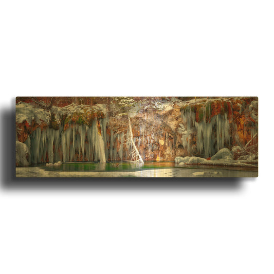 'Hanging Lake Colorado Winter Panorama' By Lena Owens Gold Metal Wall Art