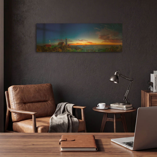 'Portland Maine Head Light At Dawn Panorama' By Lena Owens Gold Metal Wall Art