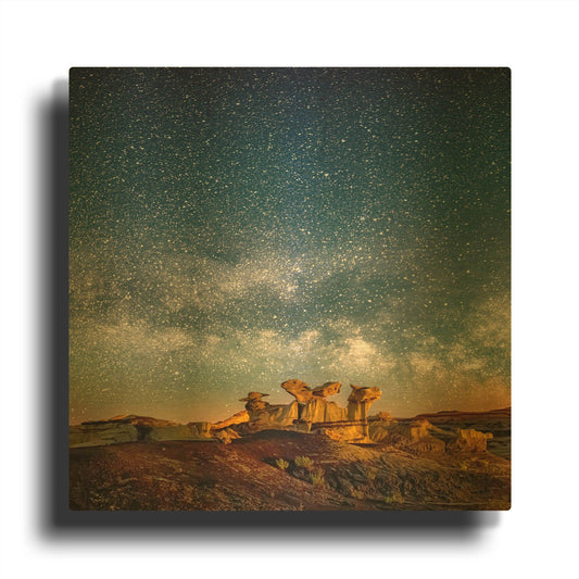 'Bisti Badlands Hoodoos Under New Mexico Starry Night Square' By Lena Owens Gold Metal Wall Art