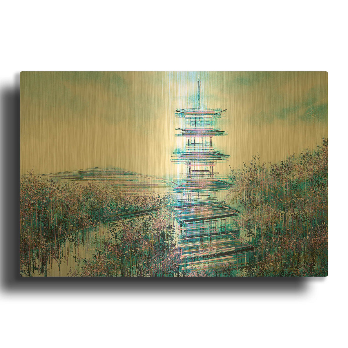 'Japanese Temple At Twilight' By Marc Todd Gold Metal Wall Art