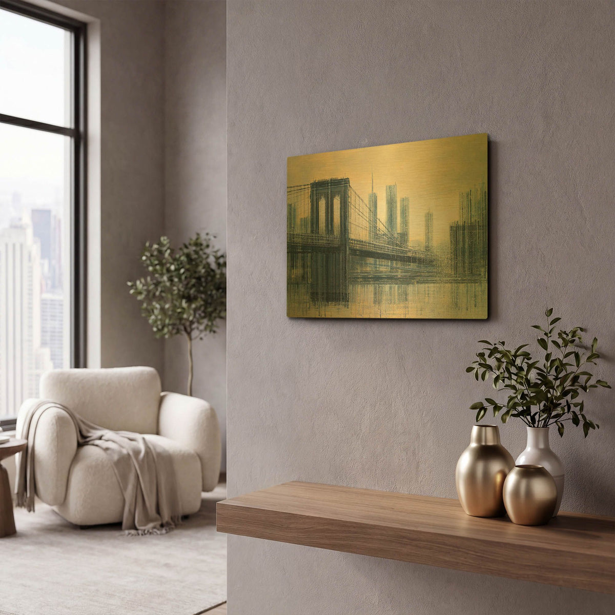'The Brooklyn Bridge As The Sun Sets' By Marc Todd Gold Metal Wall Art