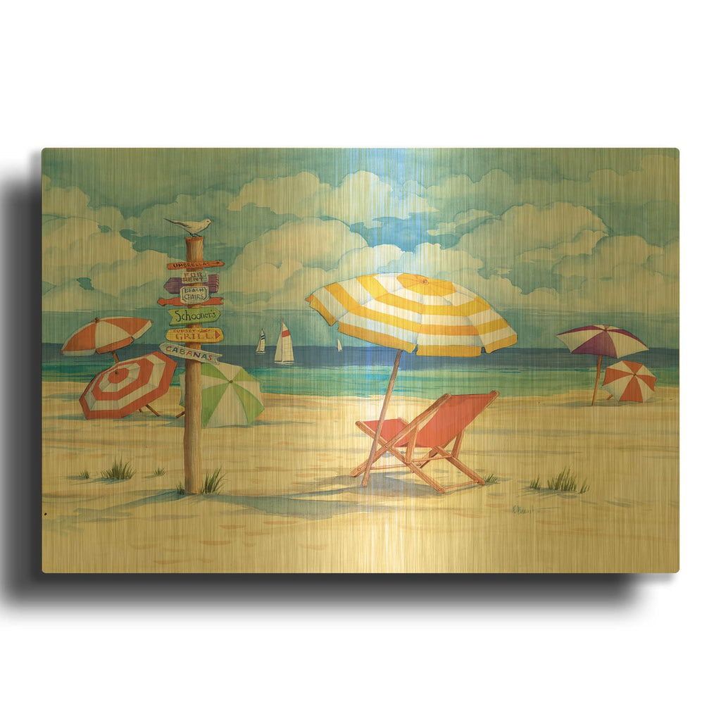 'Beach Signs Umbrellas' By Paul Brent Gold Metal Wall Art