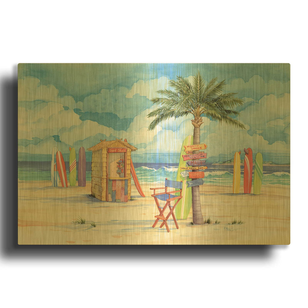 'Beach Signs- Surf Shack' By Paul Brent Gold Metal Wall Art