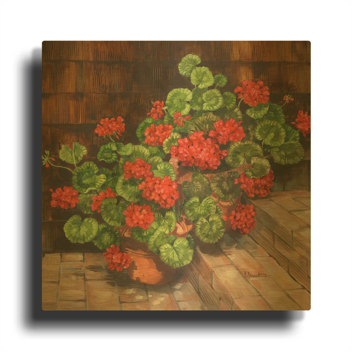 'Summer Geraniums Square' By Paul Brent Gold Metal Wall Art