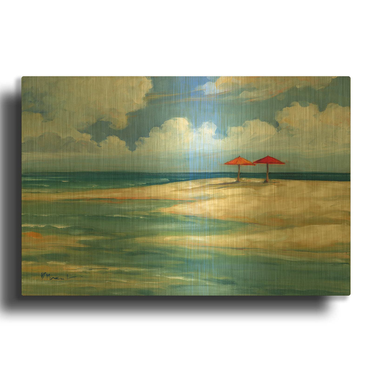 'Umbrella Beachscape - Orange and Red' By Paul Brent Gold Metal Wall Art