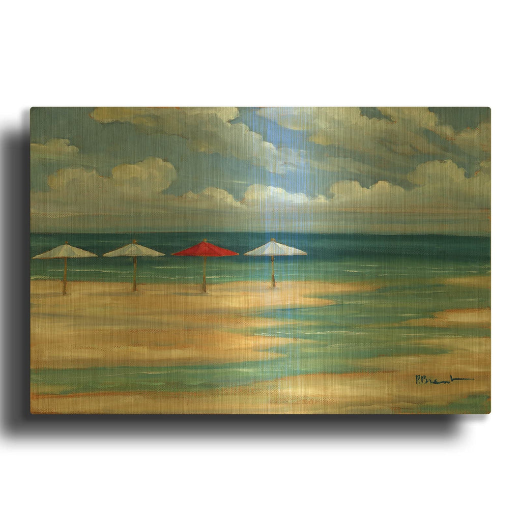 'Umbrella Beachscape - White and Red' By Paul Brent Gold Metal Wall Art