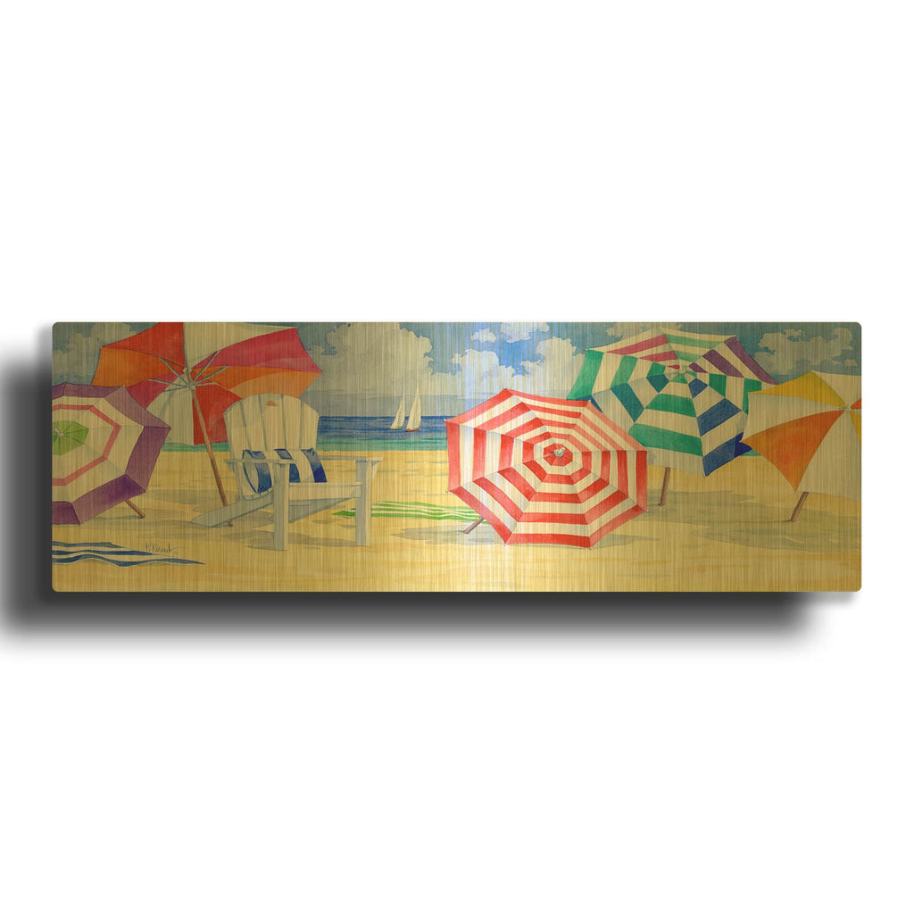 'Umbrella Beach Bright' By Paul Brent Gold Metal Wall Art