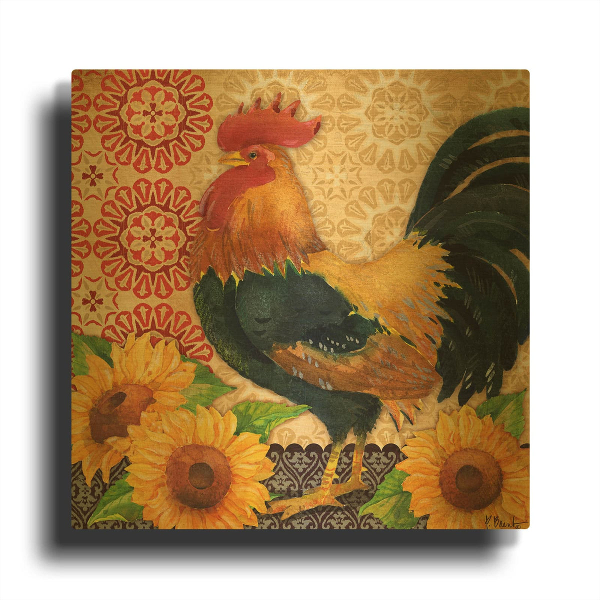 'Roosters and Sunflowers II' By Paul Brent Gold Metal Wall Art