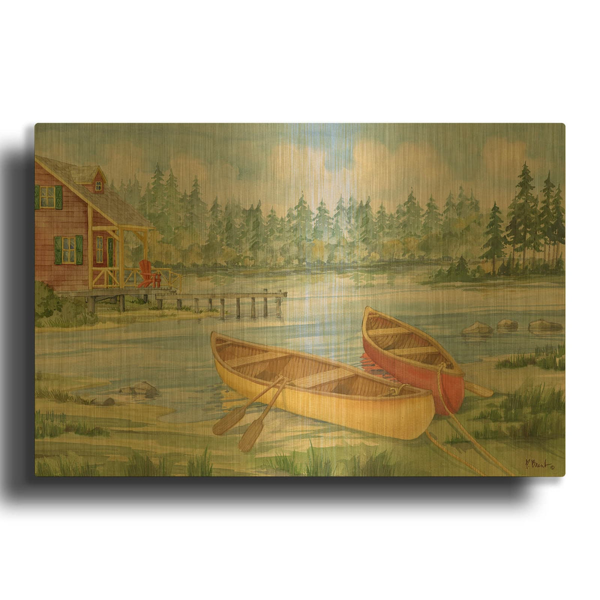 'Canoe Camp with Cabin' By Paul Brent Gold Metal Wall Art