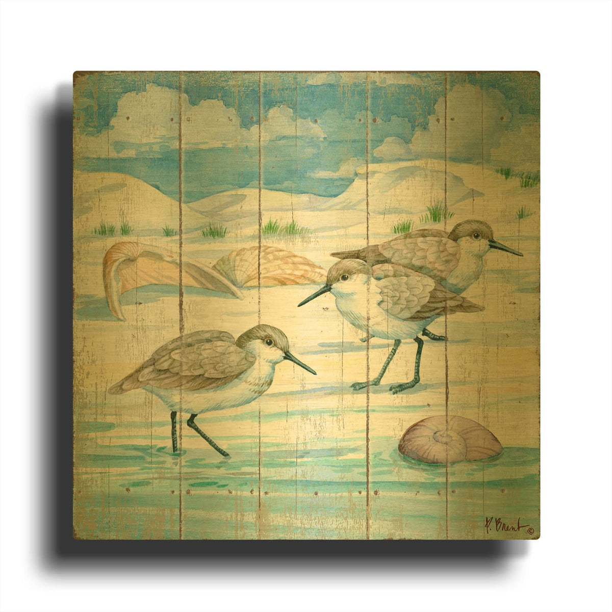 'Shoreline Sandpipers I' By Paul Brent Gold Metal Wall Art