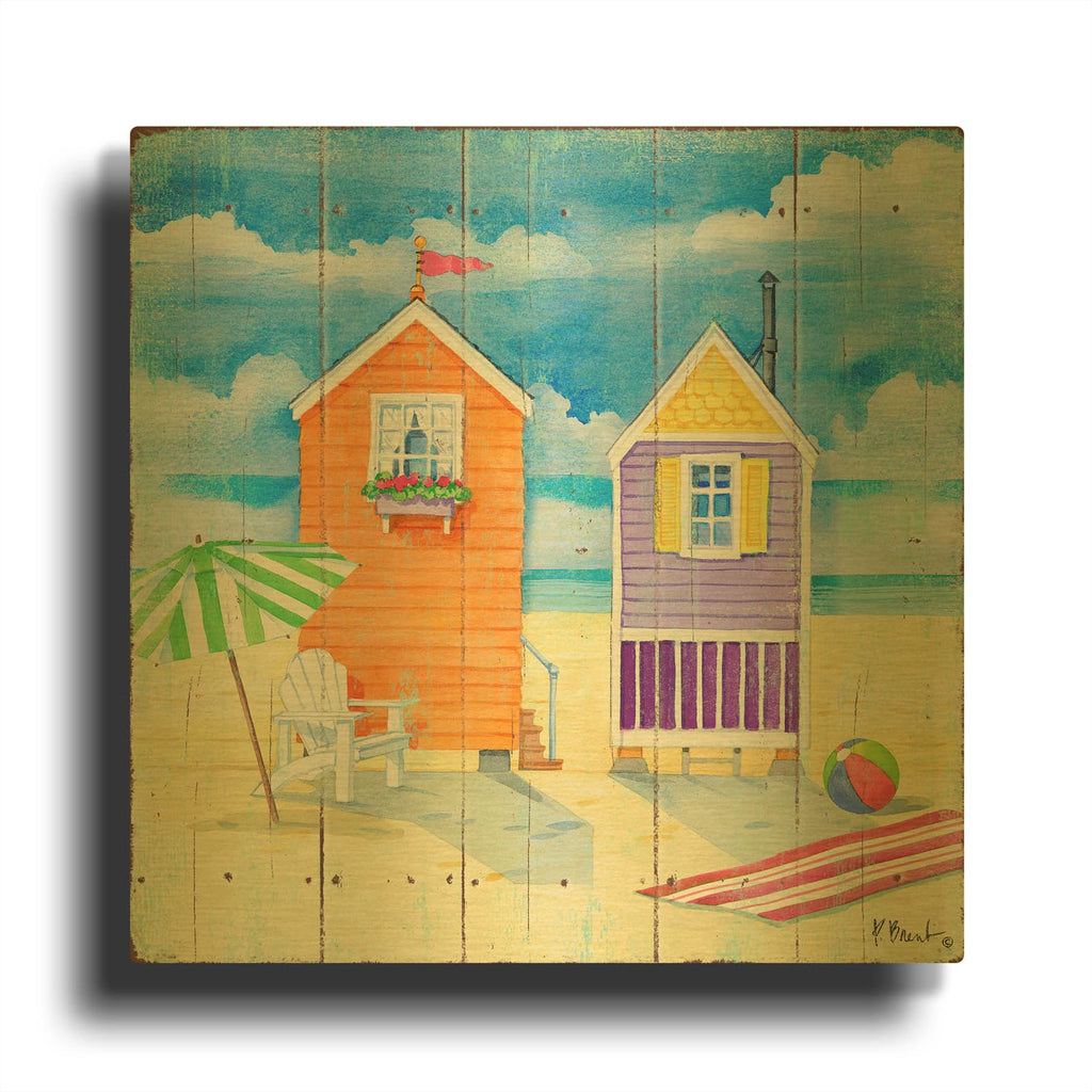 'Beach Huts Square I' By Paul Brent Gold Metal Wall Art