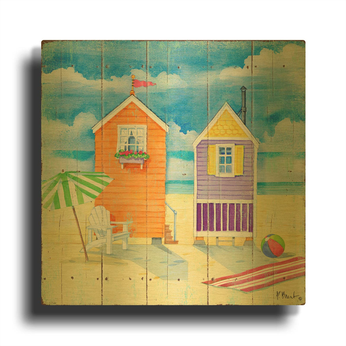 'Beach Huts Square I' By Paul Brent Gold Metal Wall Art