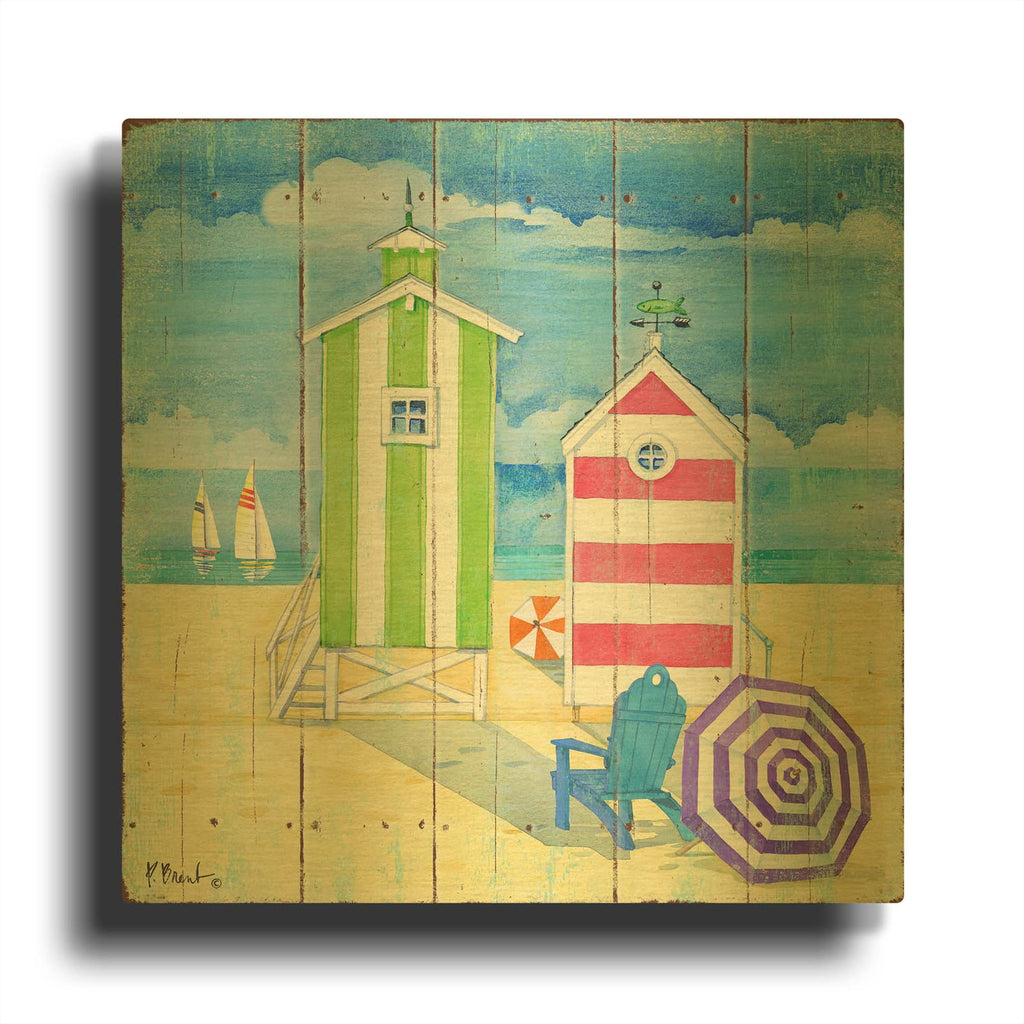 'Beach Huts Square II' By Paul Brent Gold Metal Wall Art