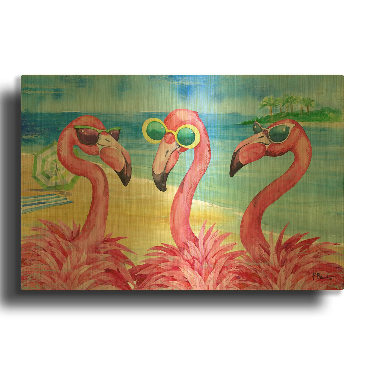 'Flamingo Girlfriends Horizontal' By Paul Brent Gold Metal Wall Art